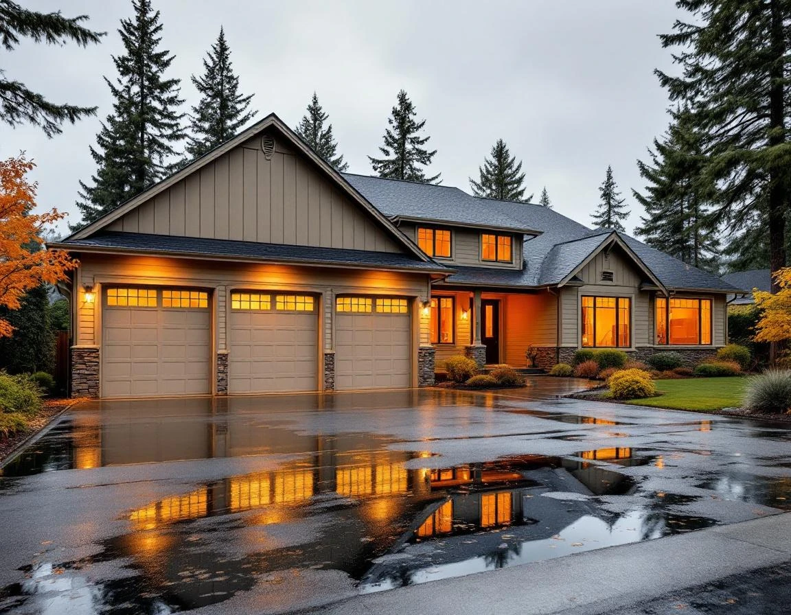 Three-car garage on Sherwood home with wet driveway during autumn overcast conditions