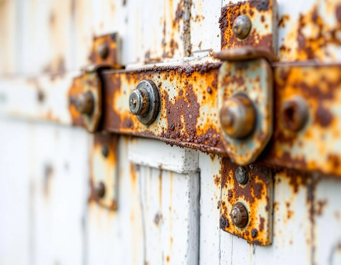 Rusted garage door hardware and metal brackets showing oxidation damage from moisture in Lafayette wine country climate