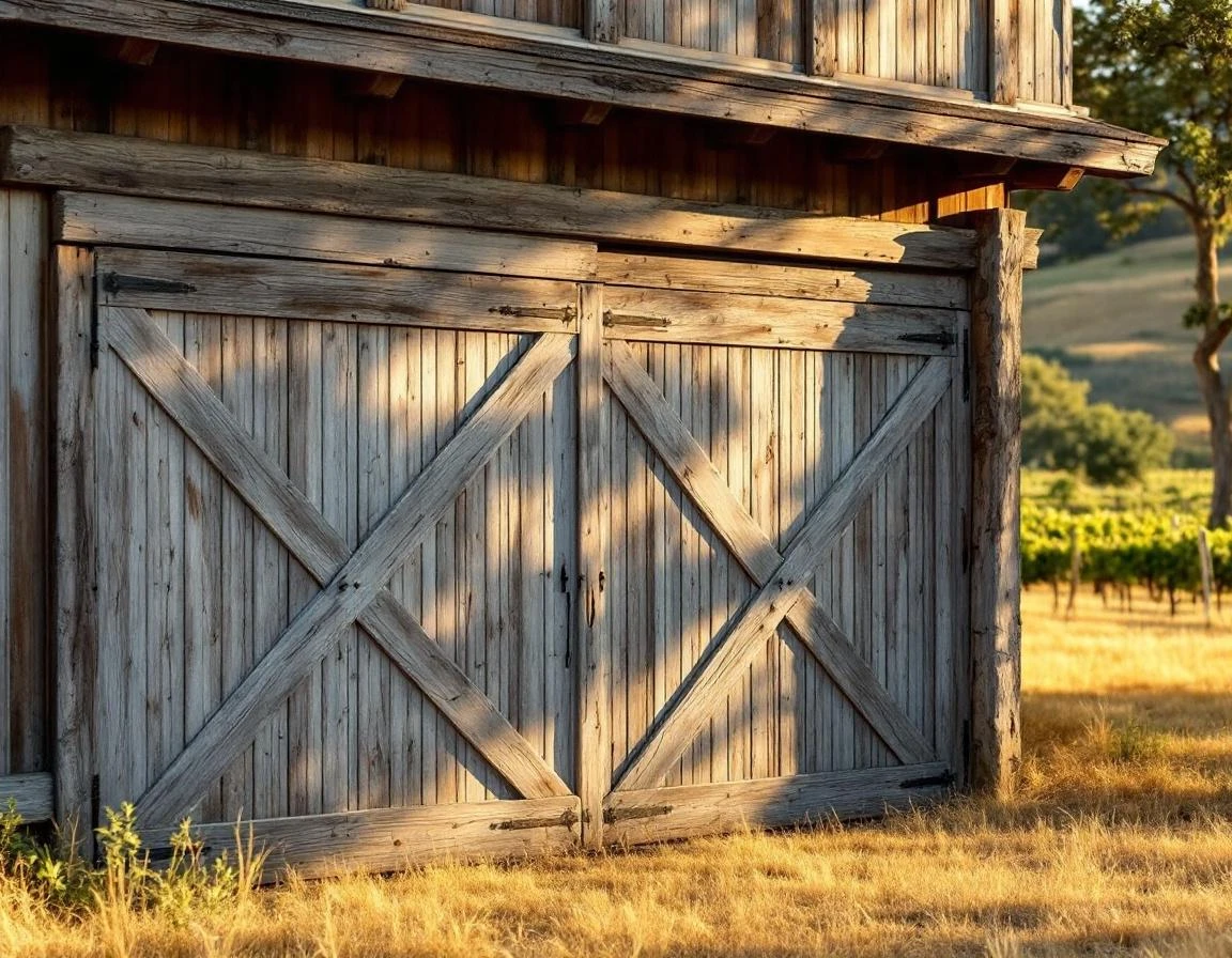 Weathered wooden garage door with visible heat cracks on Carlton wine country property during dry summer season