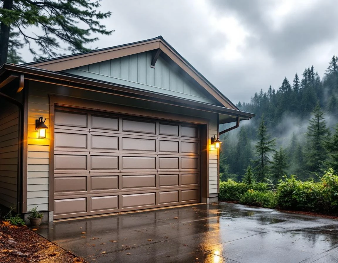 Reinforced steel garage door on Cascade Locks home with windswept trees and storm clouds in Columbia Gorge backdrop