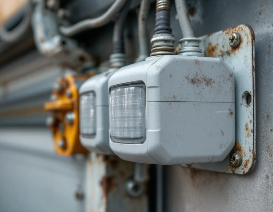 Weathered safety sensors mounted on garage door track with visible wear and realistic cable routing