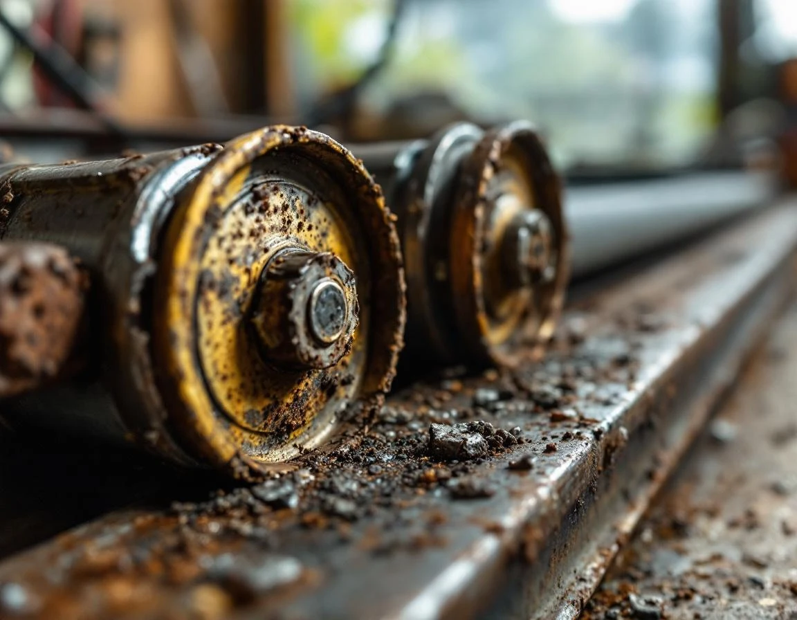 Close-up of worn garage door rollers showing metal-on-metal grinding damage and friction wear on bearing surfaces
