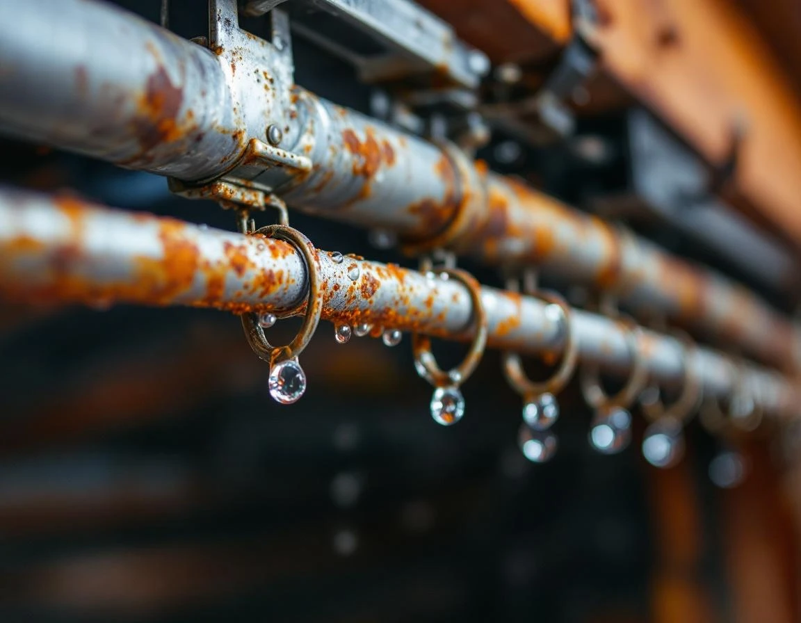 Garage door spring with rust formation and moisture droplets from Cowlitz valley humidity