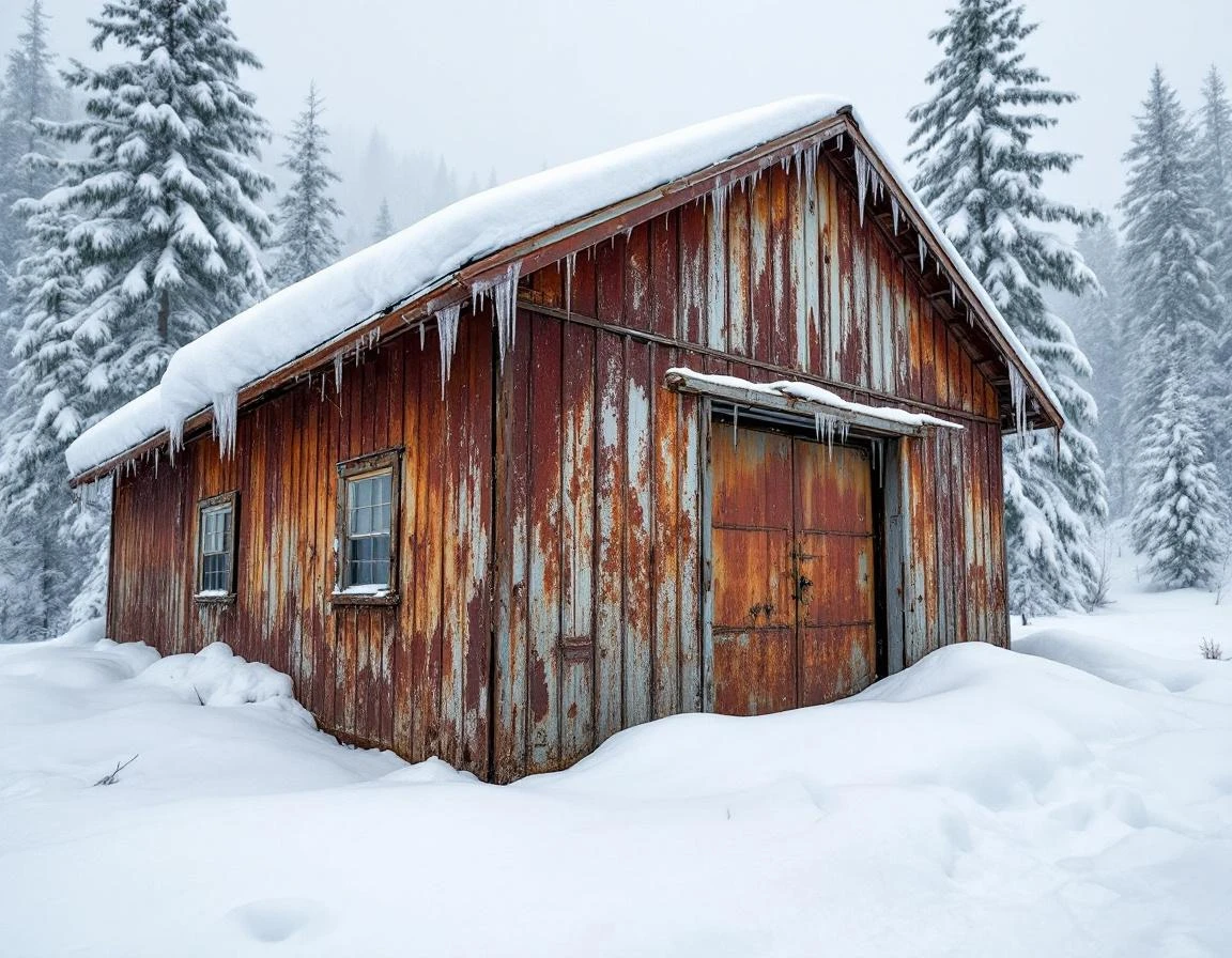 Weathered rural garage with heavy snow accumulation and icicles in Cascade foothills winter conditions
