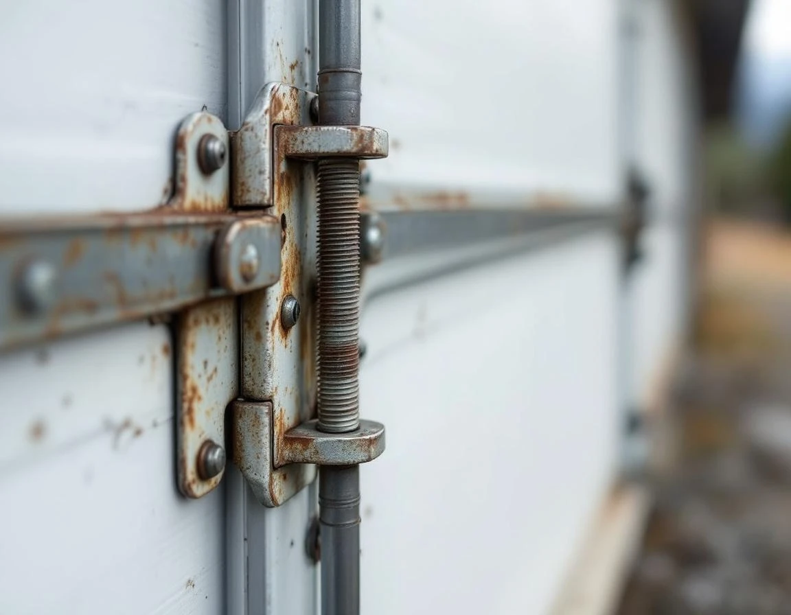 Heavy-duty wind-rated garage door hinges with reinforced bolts penetrating door panel for Gorge wind resistance