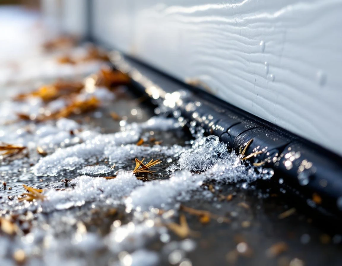 Cracked weather seal with frost damage and water infiltration at garage door base in Central Oregon winter