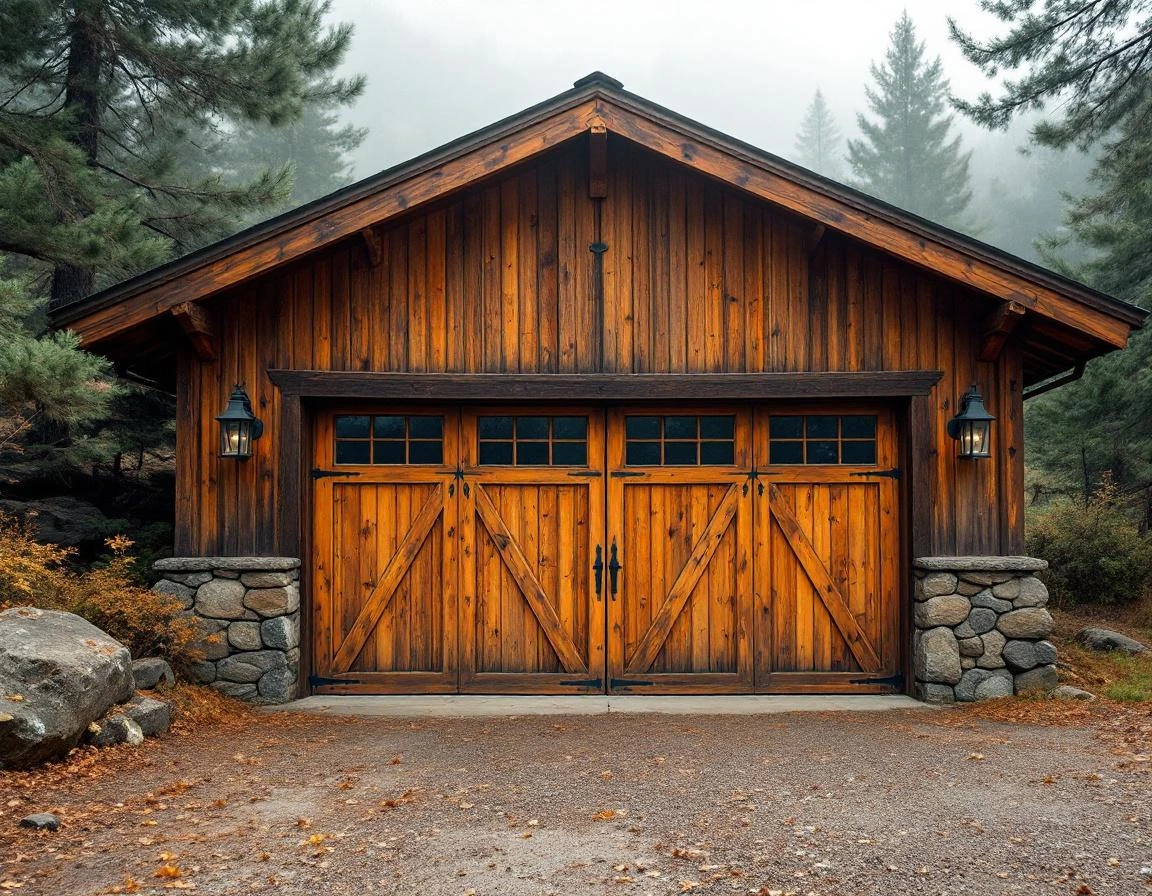 Cedar garage door with weathered patina during smoky autumn conditions in Sisters, Oregon