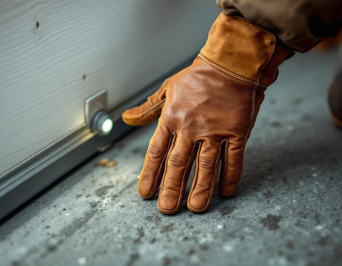 Gloved hands testing garage door safety sensor beam near ground-mounted eye on white door frame