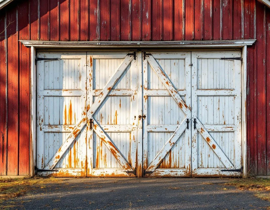 Weathered red barn with deteriorating white garage doors showing authentic aging and rust patterns in rural setting