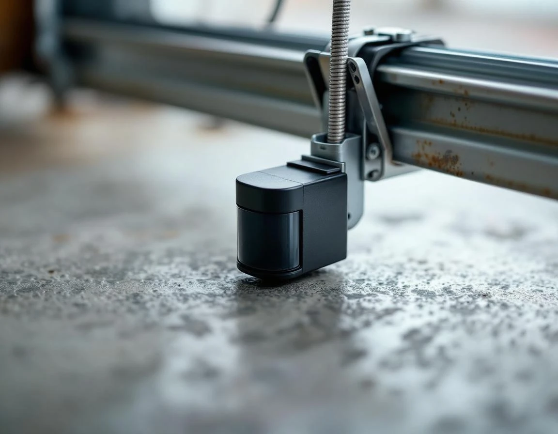Garage door safety sensor mounted on vertical track near floor showing proper alignment position