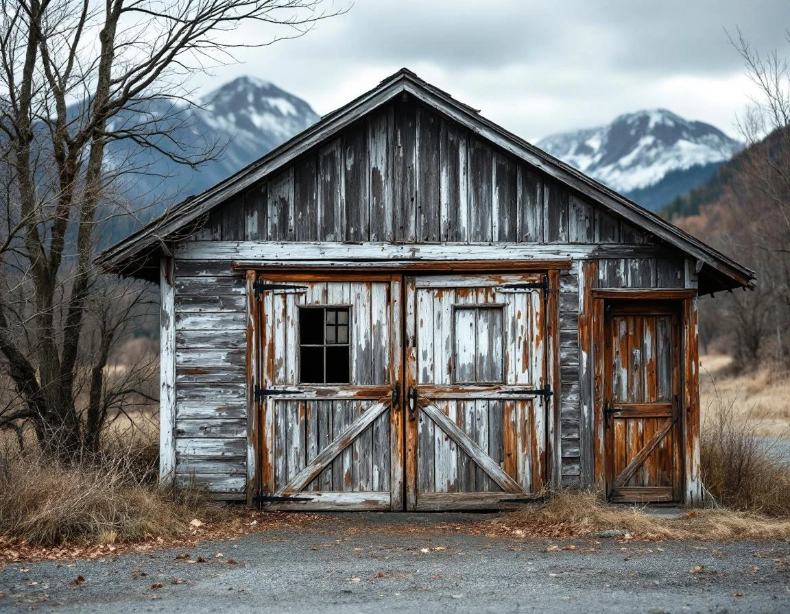 Weathered detached garage in Bingen showing wind damage with warped panels and rusty hardware against Columbia Gorge backdrop