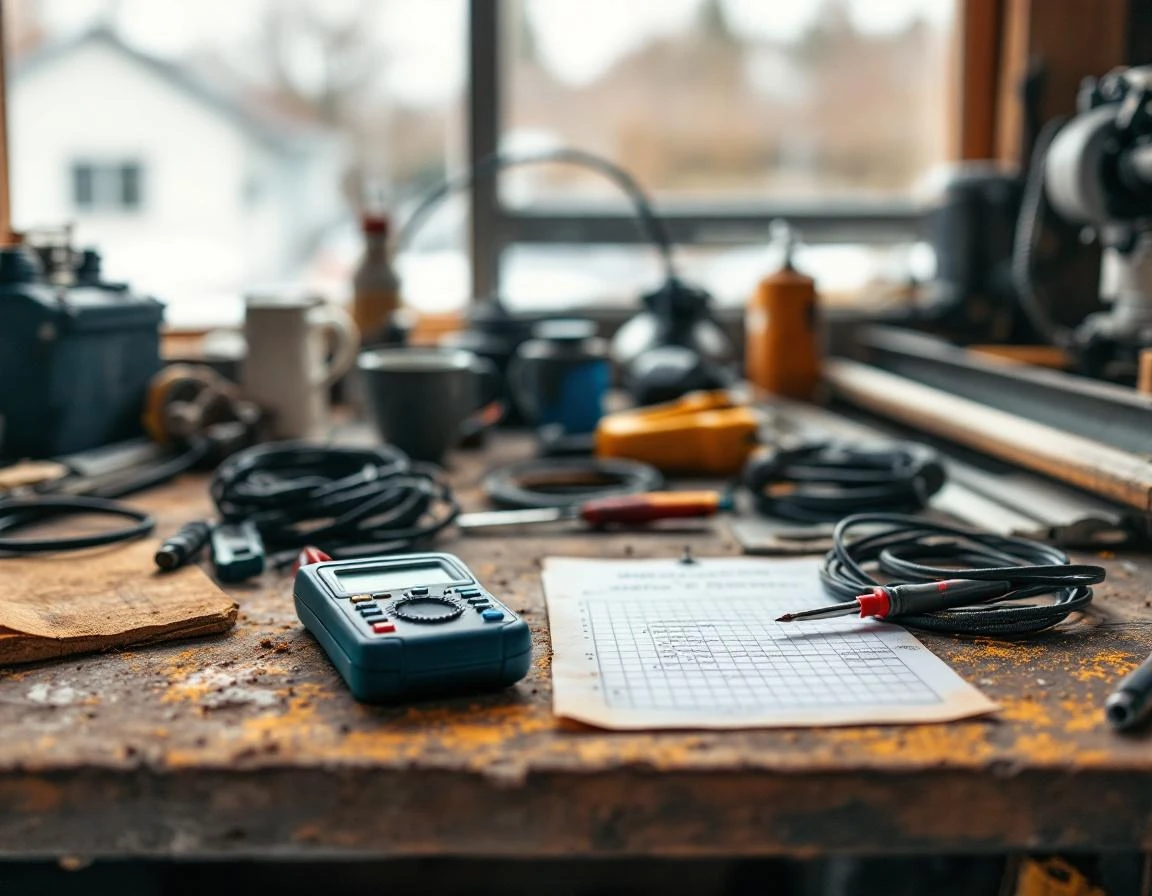 Garage workbench with safety testing tools and inspection checklist in natural workshop lighting