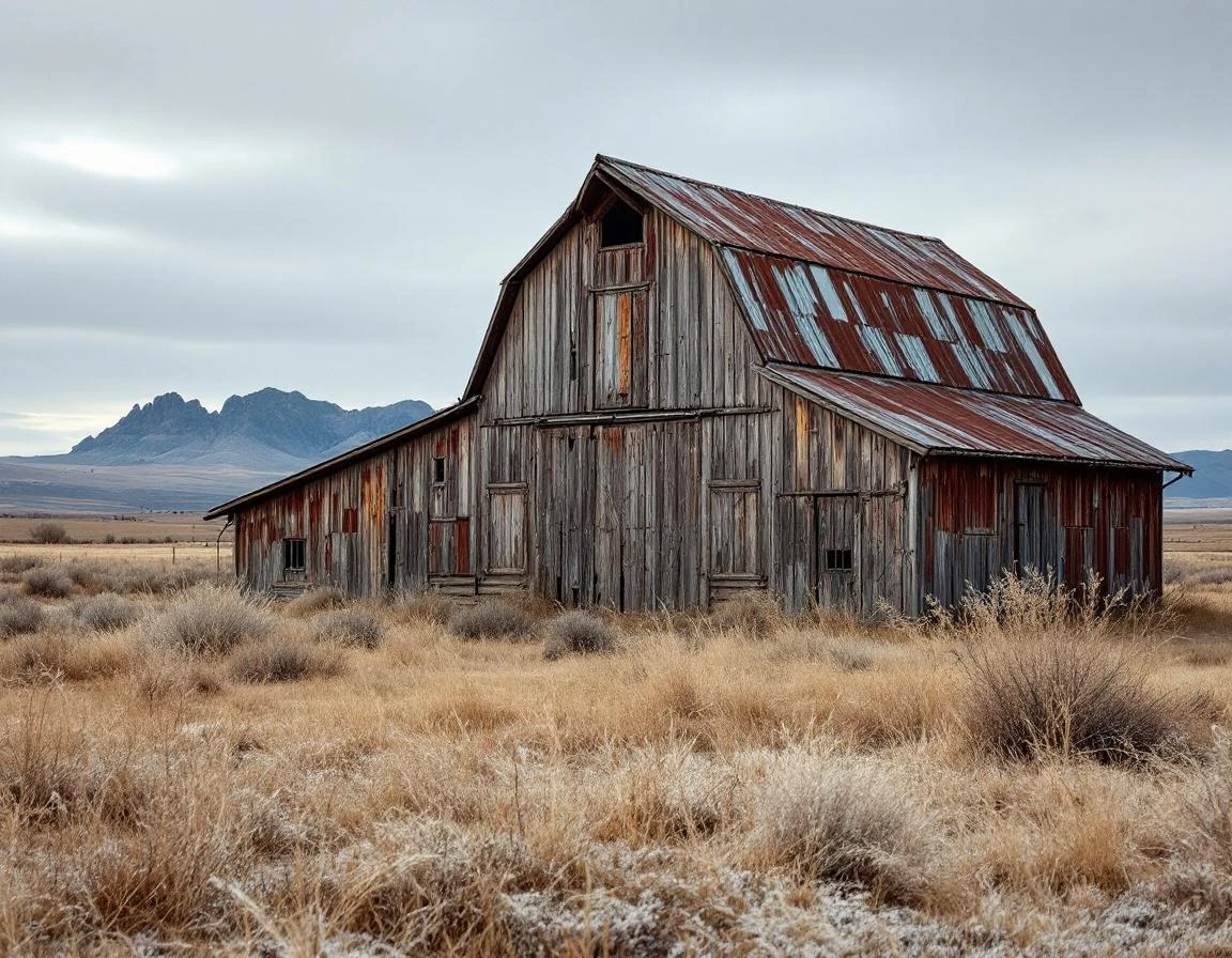 Weathered agricultural barn in Goldendale high desert showing natural aging from freeze-thaw cycles and wind exposure