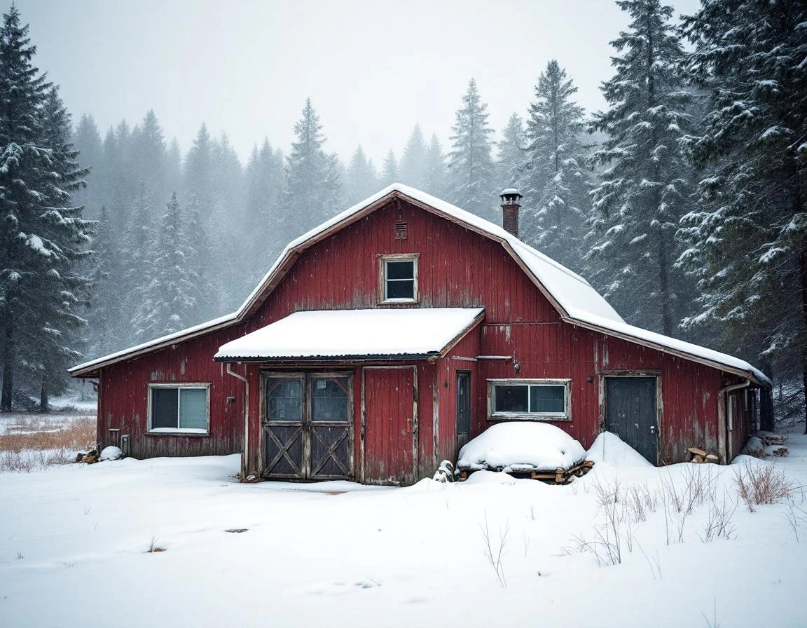 Snow-covered workshop building in Amboy foothills with heavy roof accumulation from winter storm
