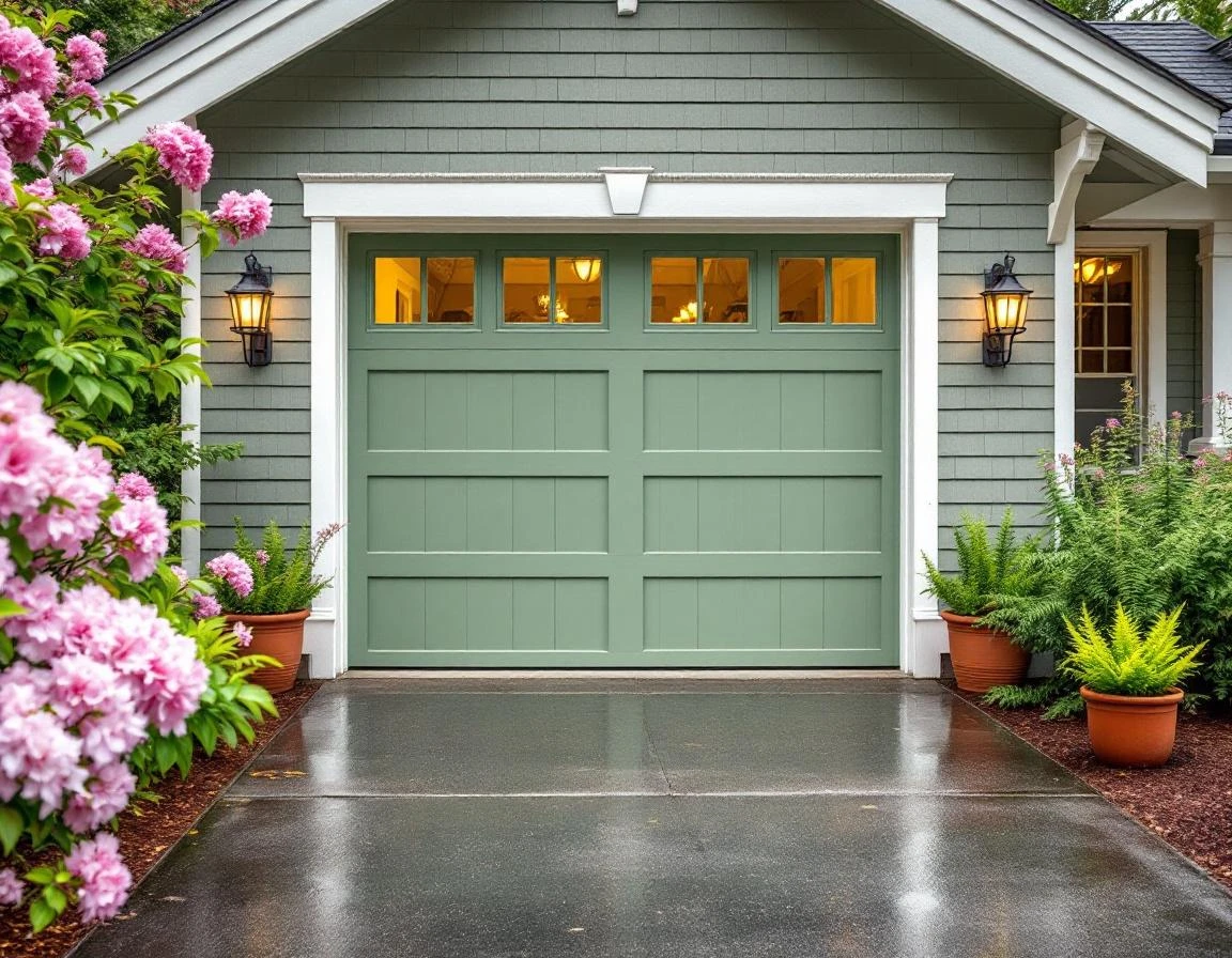 Craftsman home with sage green garage door and white trim surrounded by spring blooms in Portland neighborhood