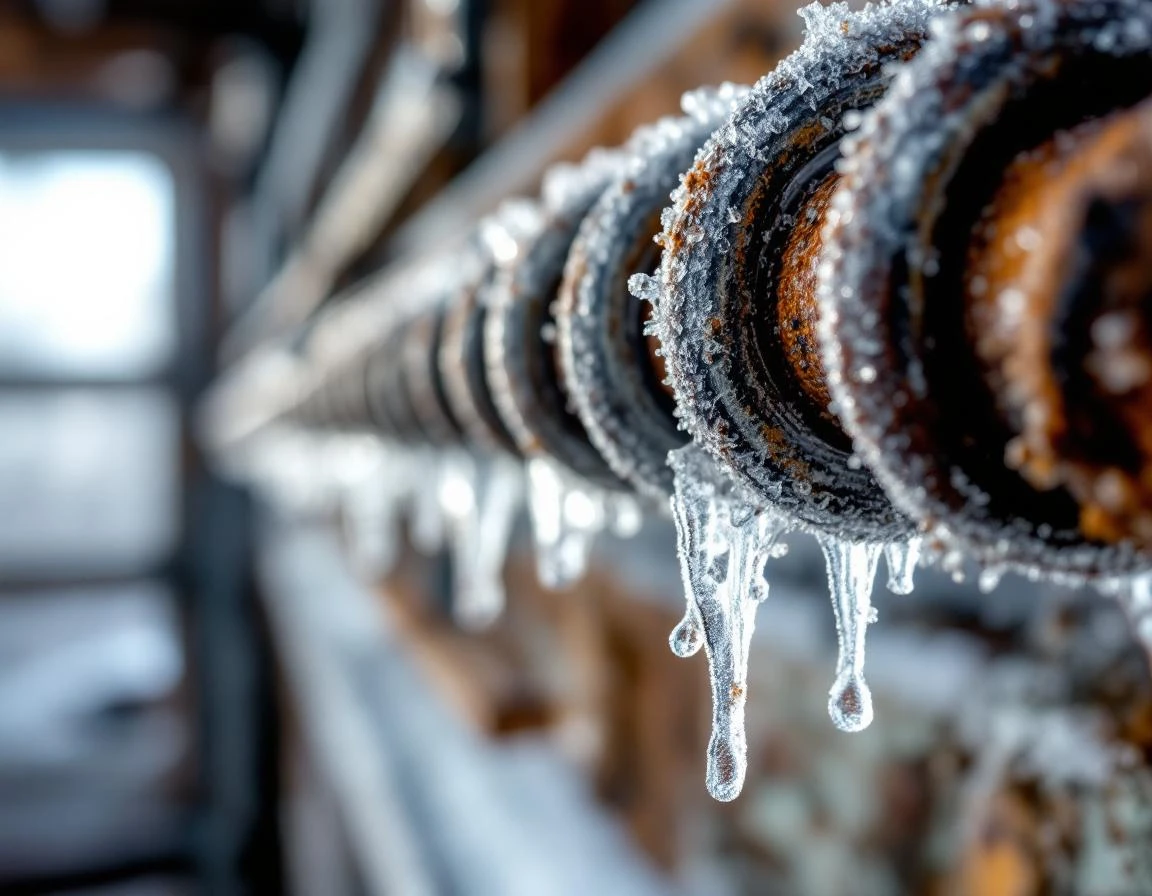 Frost-covered garage door torsion spring showing ice buildup from winter freeze-thaw cycles in La Center