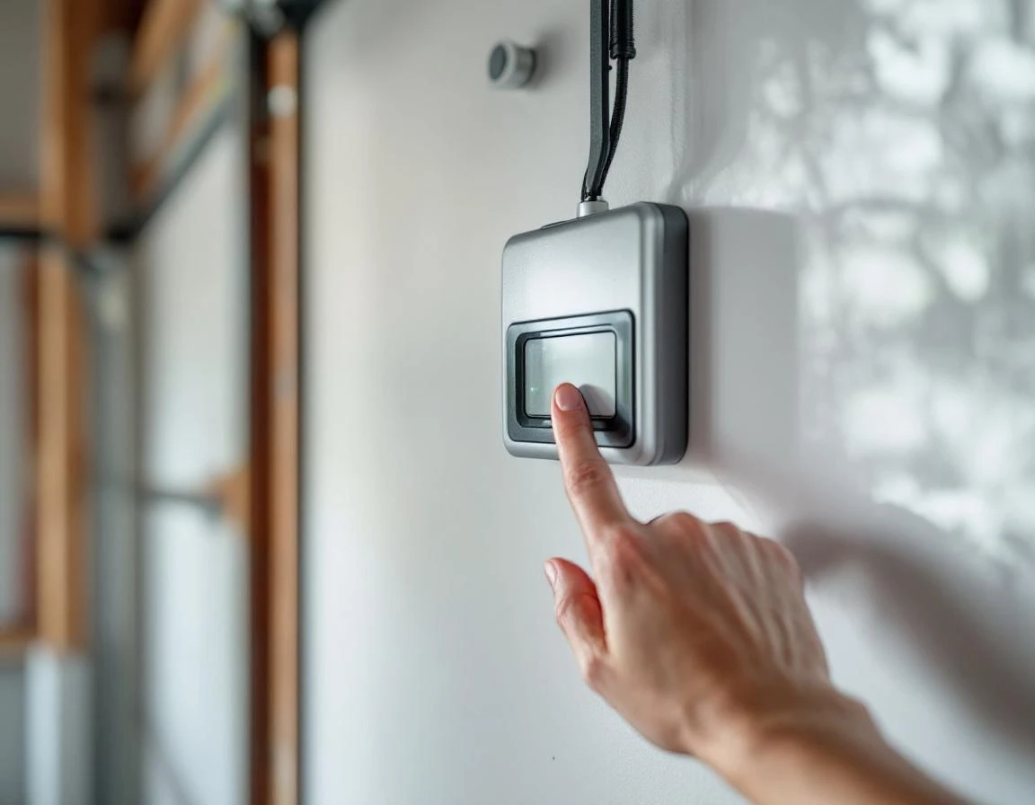 Hand pressing garage door opener safety test button during monthly maintenance check