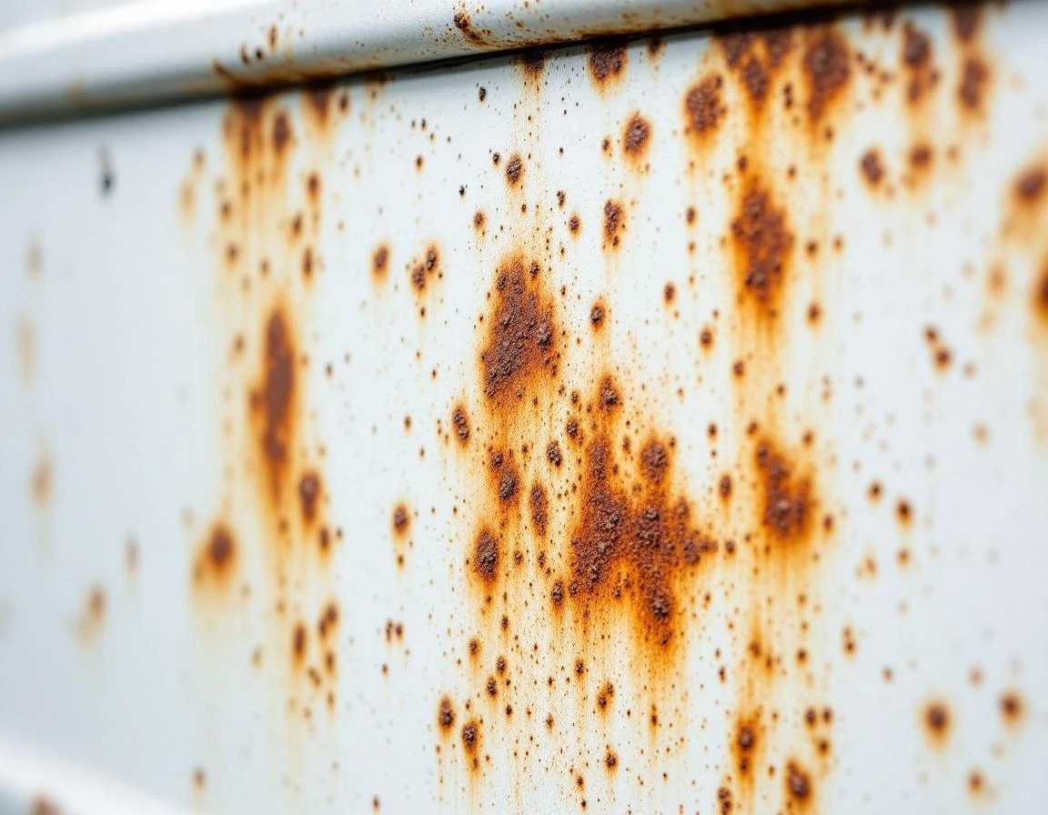 Rust corrosion and oxidation damage on white garage door panel with weatherstripping from riverside humidity exposure