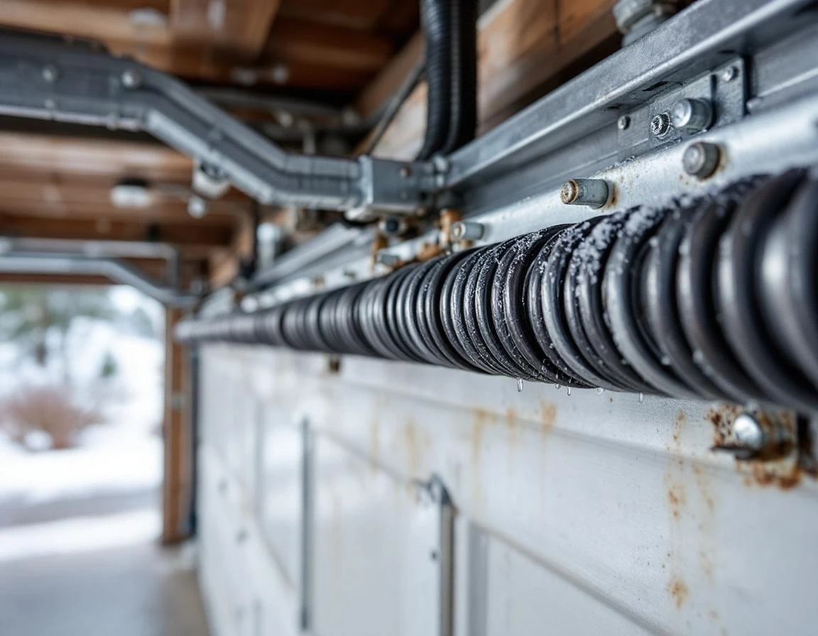 Torsion spring system on residential garage door showing wear from Central Oregon freeze-thaw cycles