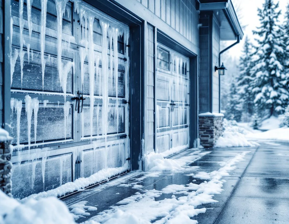 Ice-covered garage door in Stevenson showing freeze damage during Columbia Gorge winter storm