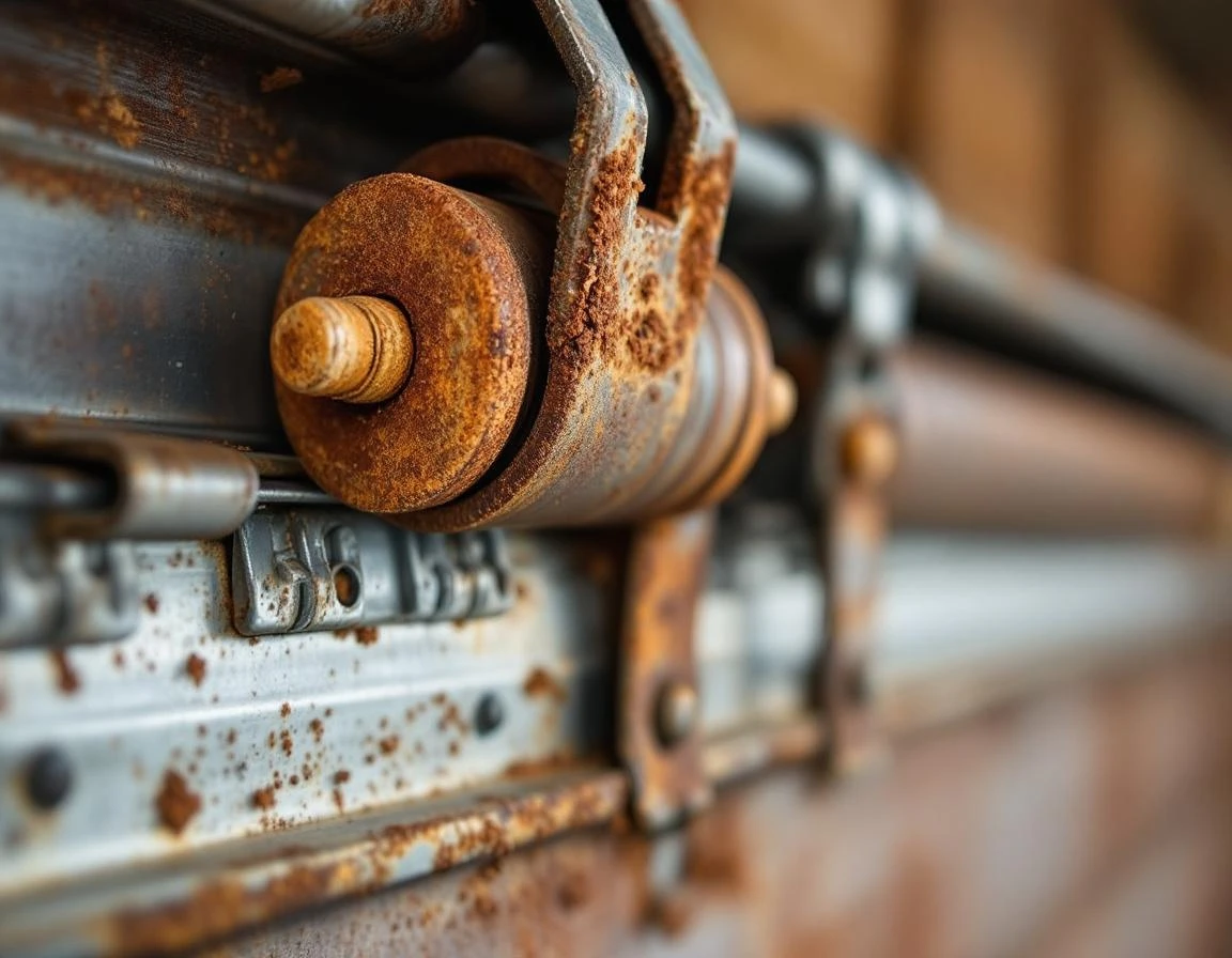 Rusty garage door roller and loose mounting bracket showing corrosion and mechanical wear