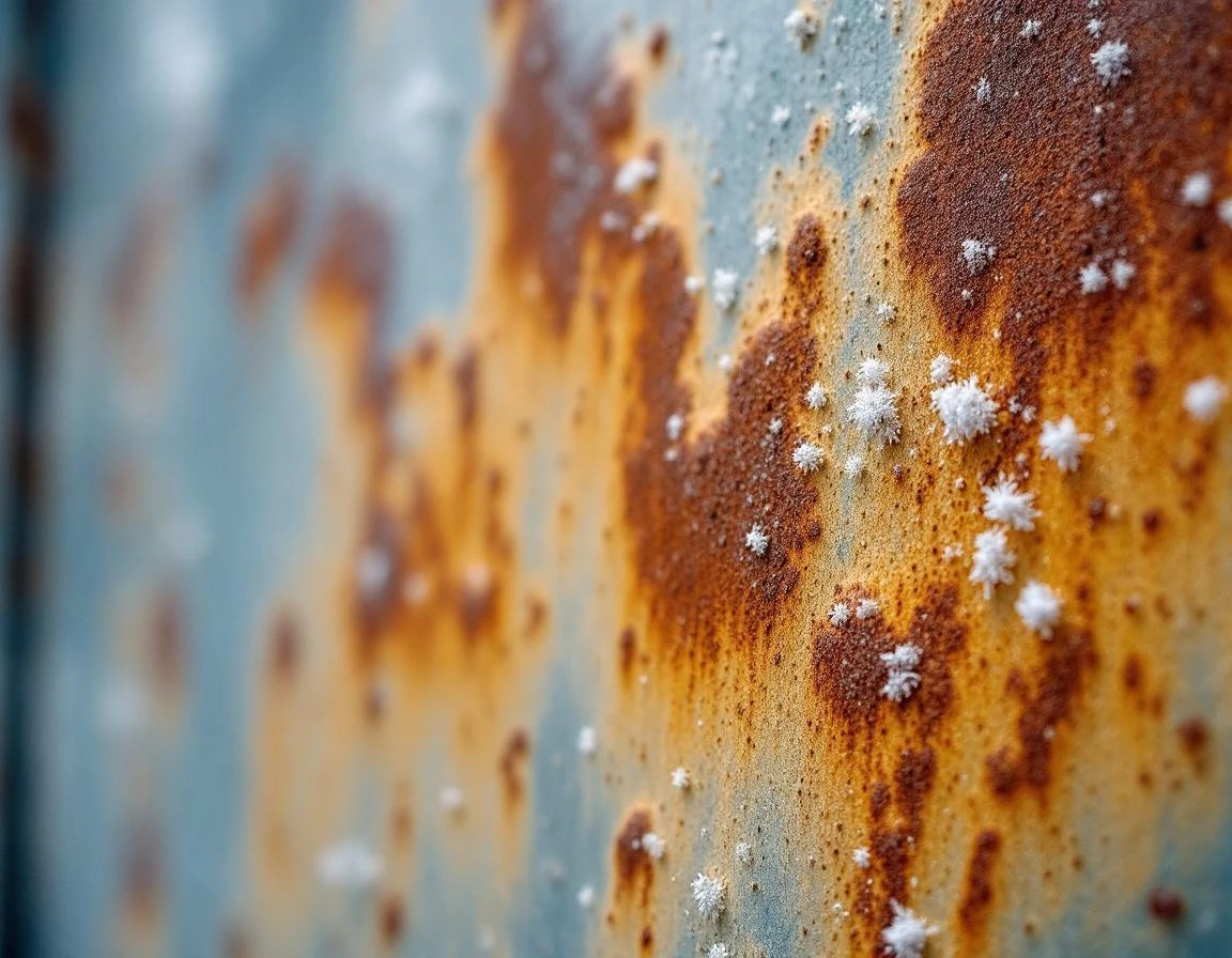 Weathered garage door panel showing frost crystals, rust streaks, and salt deposits from Goldendale winter conditions
