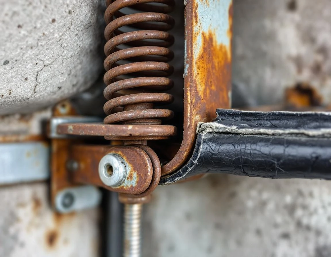 Garage door spring and weatherstripping showing freeze-thaw damage with rust and wear patterns