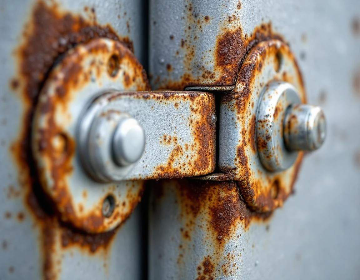 Rust formation on steel garage door hinge showing corrosion from Pacific Northwest rainfall exposure