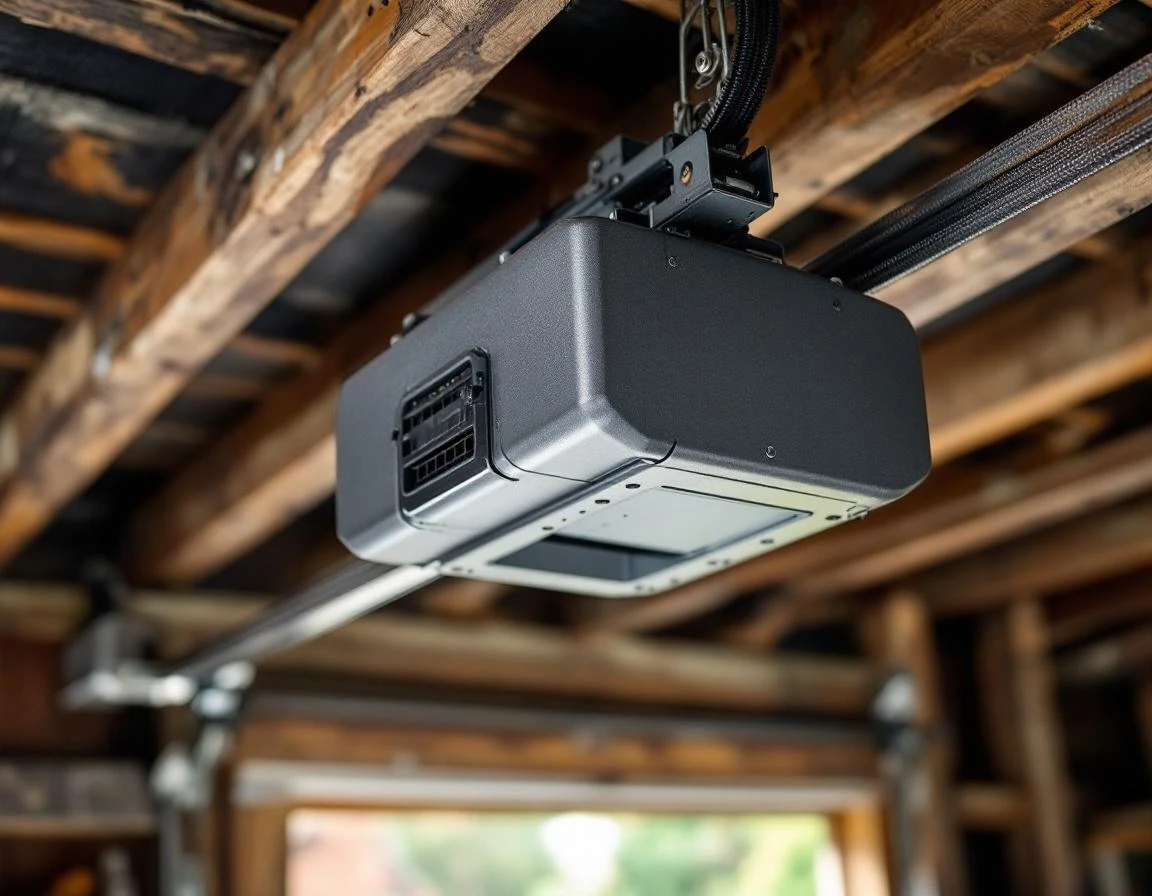 Heavy-duty garage door opener mounted on weathered beams in North Plains agricultural workshop