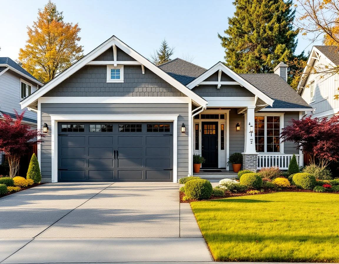 Well-maintained craftsman home with modern garage door and manicured landscaping in Vancouver, Washington