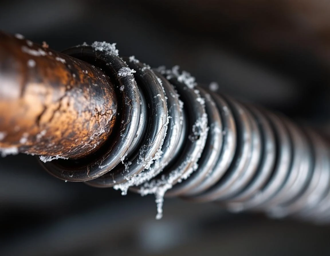 Garage door torsion spring with visible stress fractures and frost damage from freeze-thaw cycles