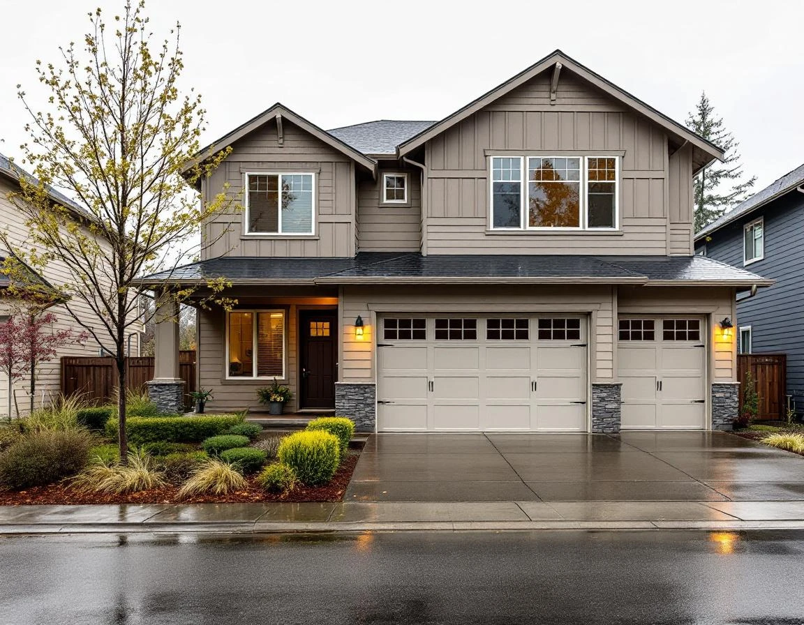 Modern European-style home in Canyon Creek with three-car garage during spring conditions