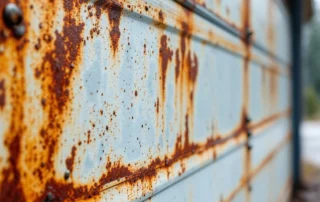Rusted garage door panel showing freeze-thaw damage with organic rust streaks and paint peeling