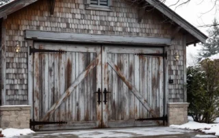 Weathered Craftsman garage with vintage wooden doors showing freeze-thaw damage in Forest Grove winter conditions