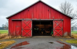 Weathered red barn workshop with open doors in rural North Plains agricultural setting on overcast spring morning