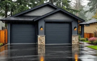 Modern garage with dark siding showing moisture accumulation on wet driveway during Vancouver spring weather