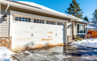 White garage door with visible rust and weather damage from freeze-thaw cycles in central Oregon winter