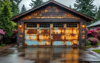 Rust-damaged garage door in Longview showing severe corrosion from Pacific Northwest rainfall and humidity
