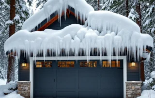 Modern garage with heavy snow accumulation and icicles in mountain forest setting showing winter weather challenges