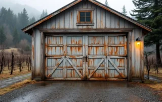 Weathered wooden garage door showing moisture damage and rust on rural Willamette Valley wine country property