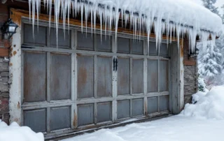 Garage door with heavy snow load and ice dam formation in Amboy's elevated foothills during winter storm