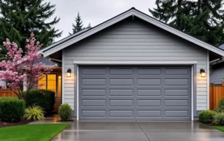 Modern two-car garage with gray panel doors showing weatherstripping vulnerable to freeze-thaw cycles