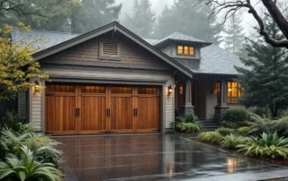 Historic craftsman home with restored wood garage door in McMinnville's wine country showing authentic period details