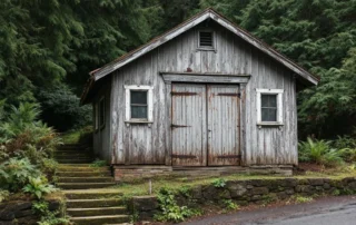 Weathered 1920s detached garage on steep Oregon City hillside showing foundation settling and door misalignment