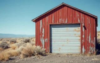 Weathered detached garage with oxidized metal doors in Goldendale high desert showing freeze-thaw damage