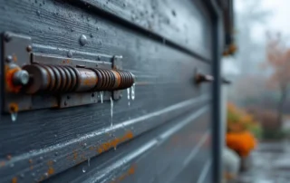 Garage door springs and hardware showing early rust formation from Willamette Valley fog moisture