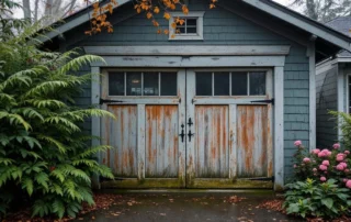Weathered 1910s Craftsman garage door in Forest Grove showing vintage hardware and winter moisture damage
