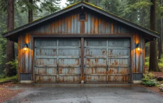 Detached garage in Estacada foothills with sectional door showing moisture exposure and recreational gear storage inside