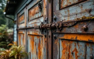 Rust-corroded garage door hardware and springs on a 1920s Longview garage showing moisture damage