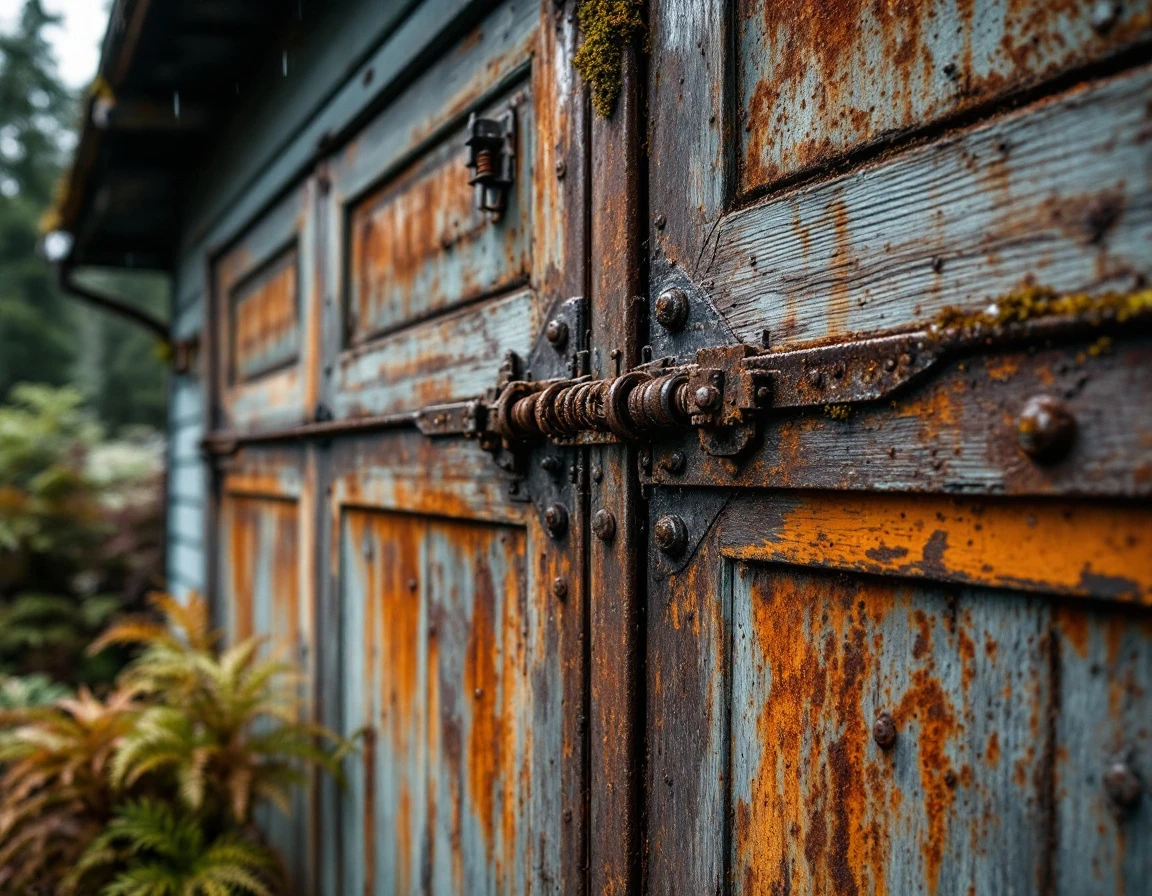 Rust-corroded garage door hardware and springs on a 1920s Longview garage showing moisture damage